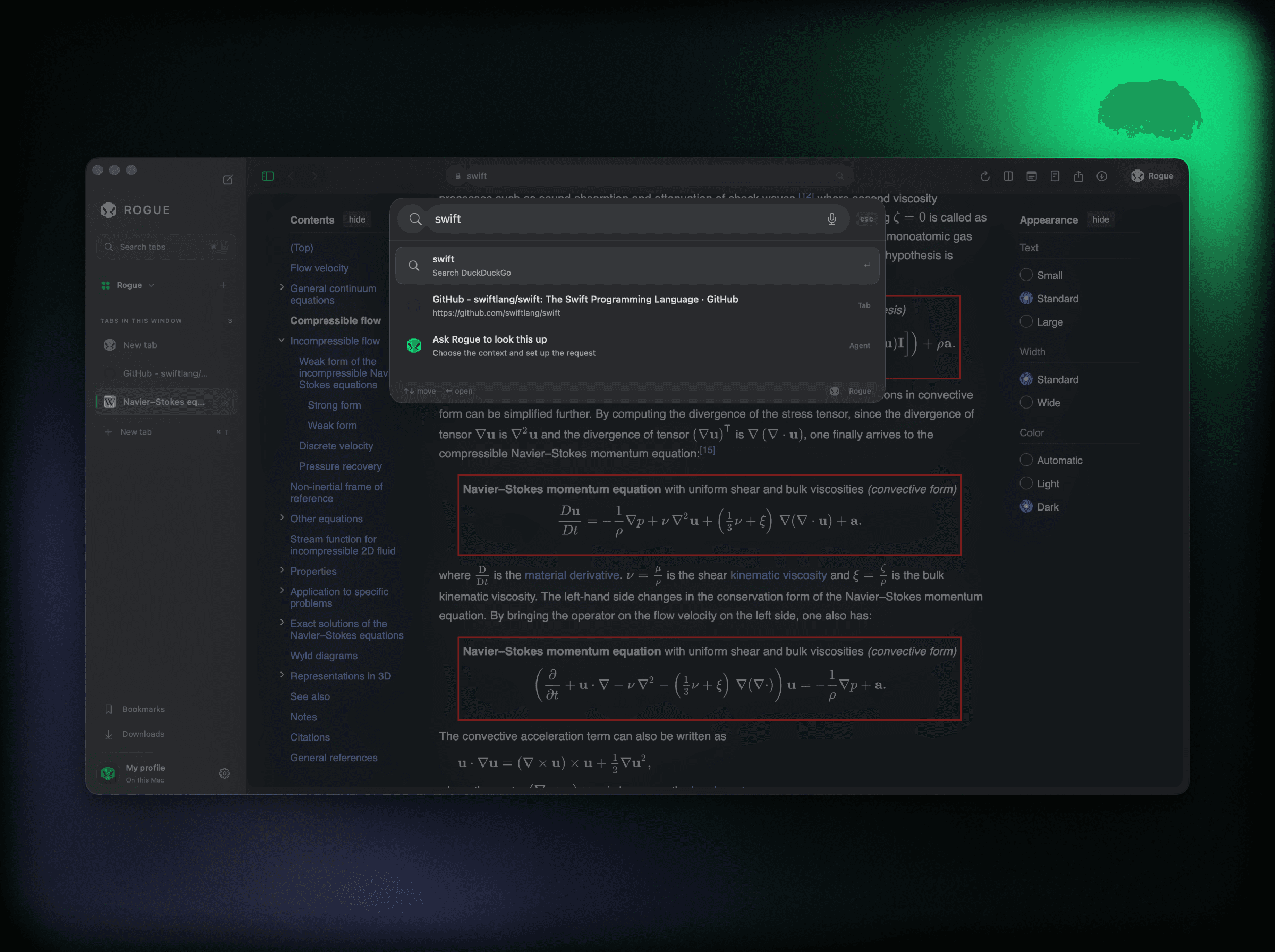 The Rogue Browser command palette over an article, listing open tabs and bookmarks