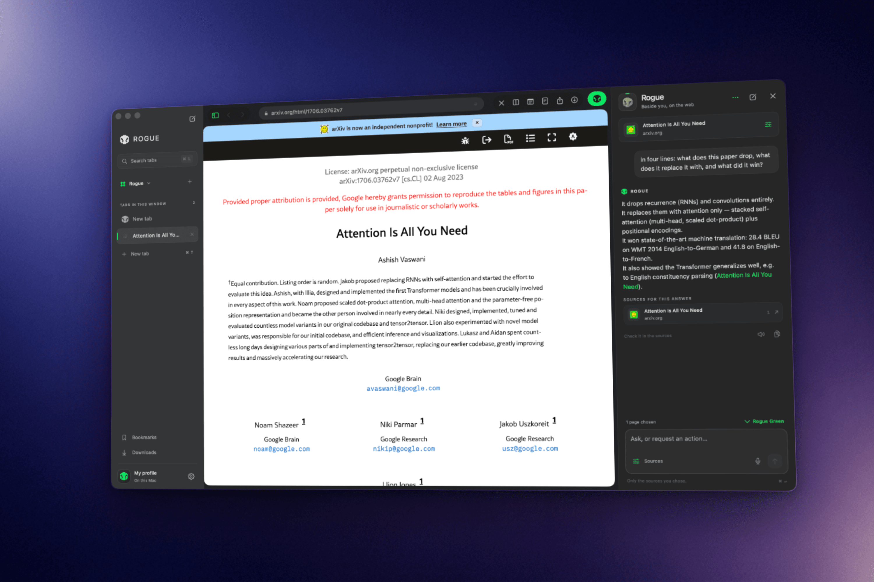 Rogue Browser open on a laptop, with the assistant sidebar answering