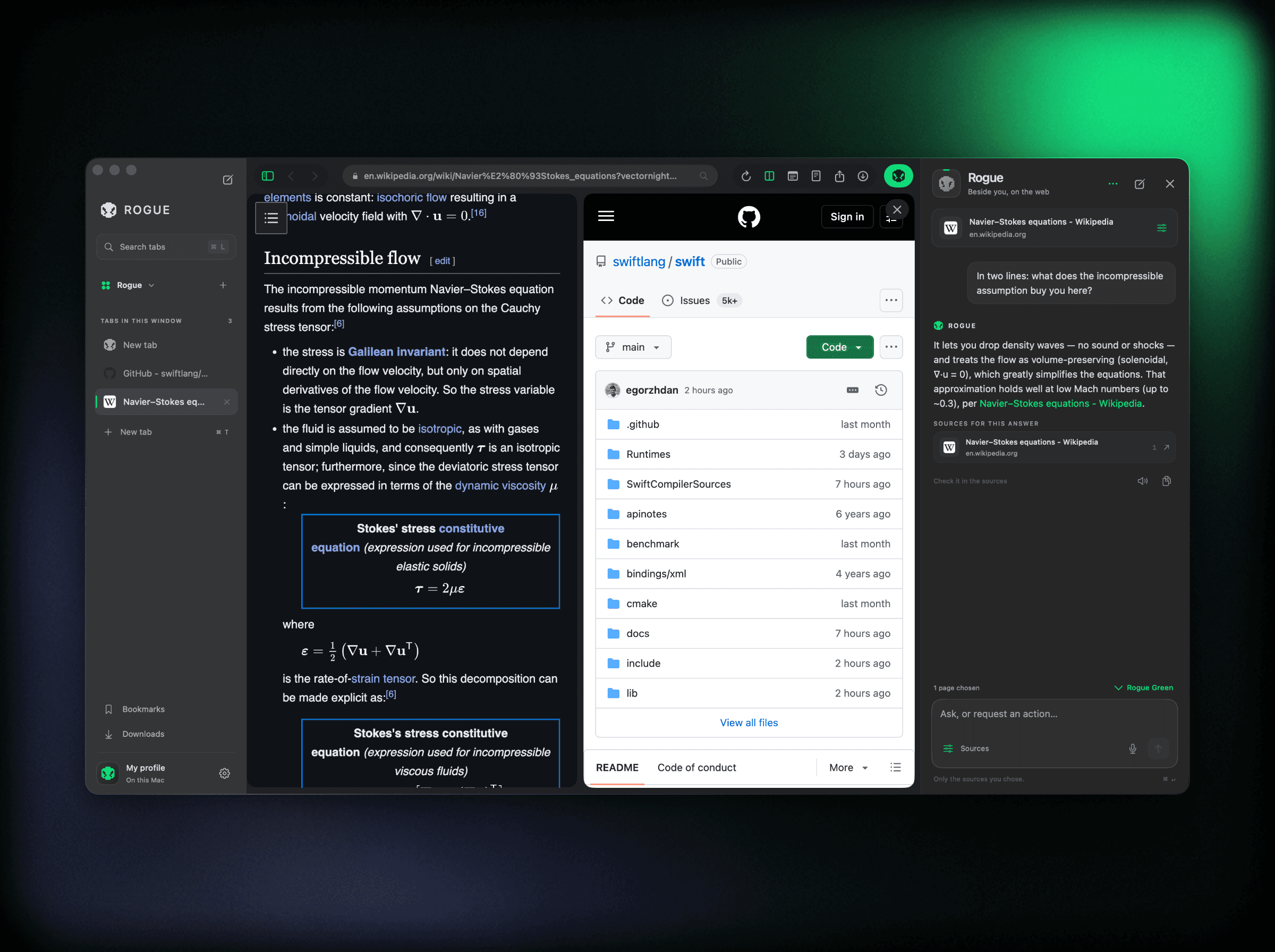 A Wikipedia article and a GitHub repository side by side, with the Rogue panel answering beside them