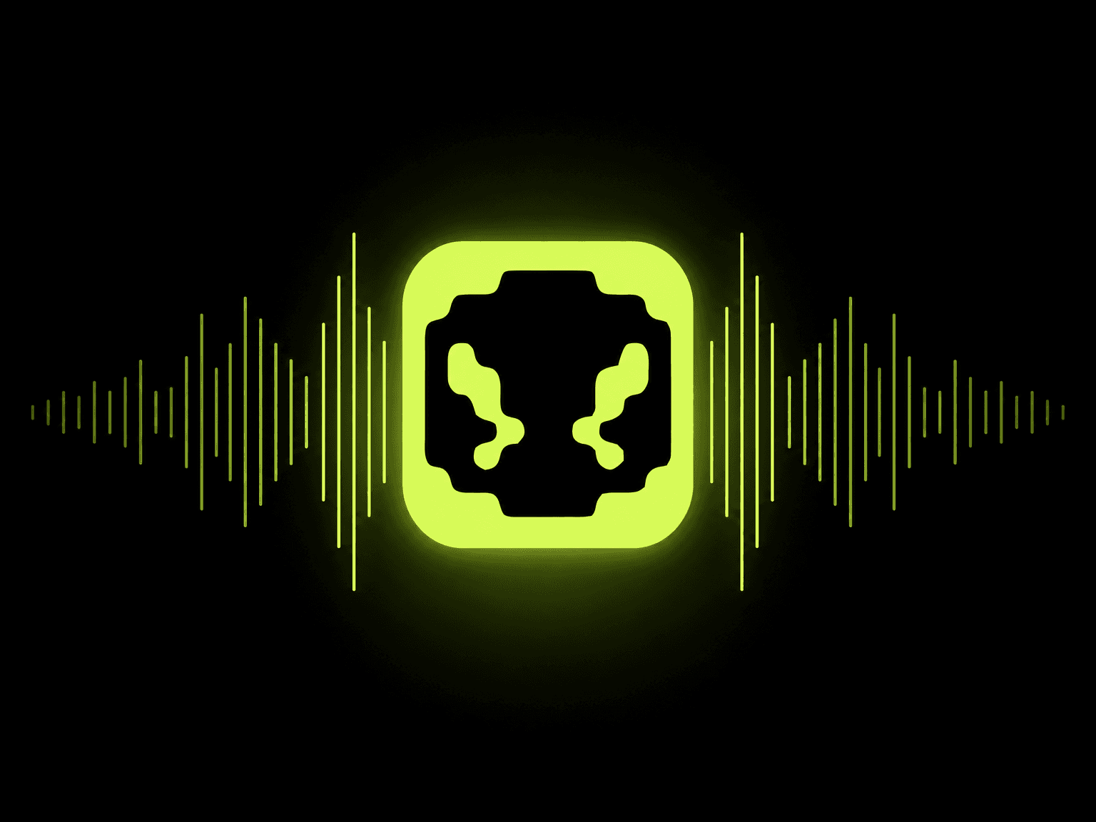 A green microphone with a waveform in front of a laptop
