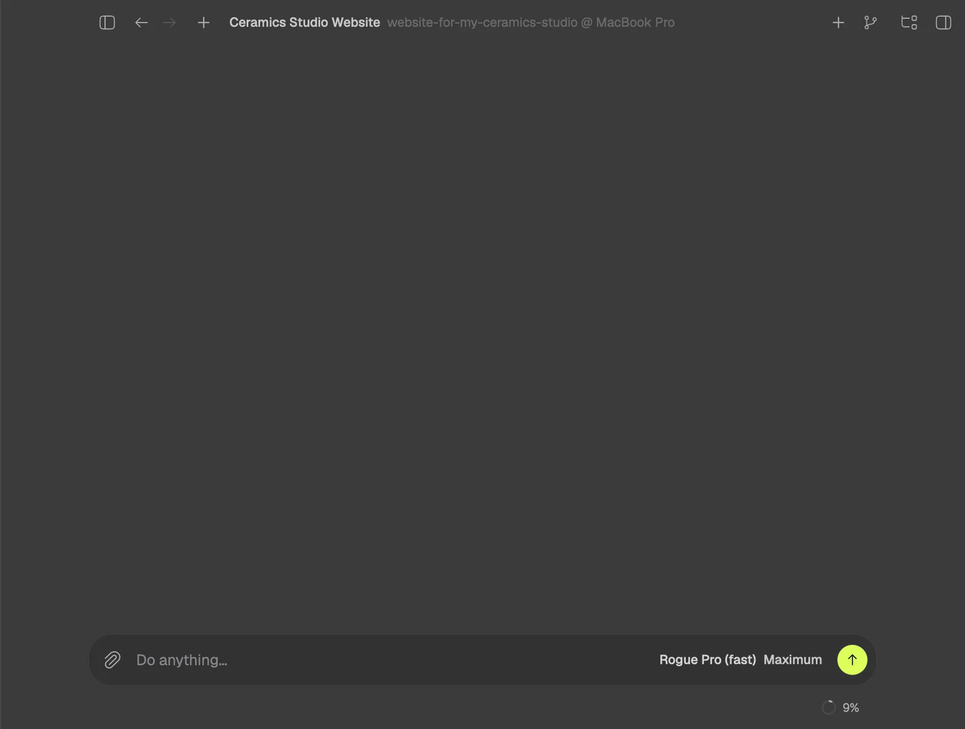 A Rogue Code session in the folder website-for-my-ceramics-studio, scrolling from the request to the finished site: the agent loads the design skill, draws the compositions, generates the photos, writes index.html, checks the page in the browser and fixes what the check found.