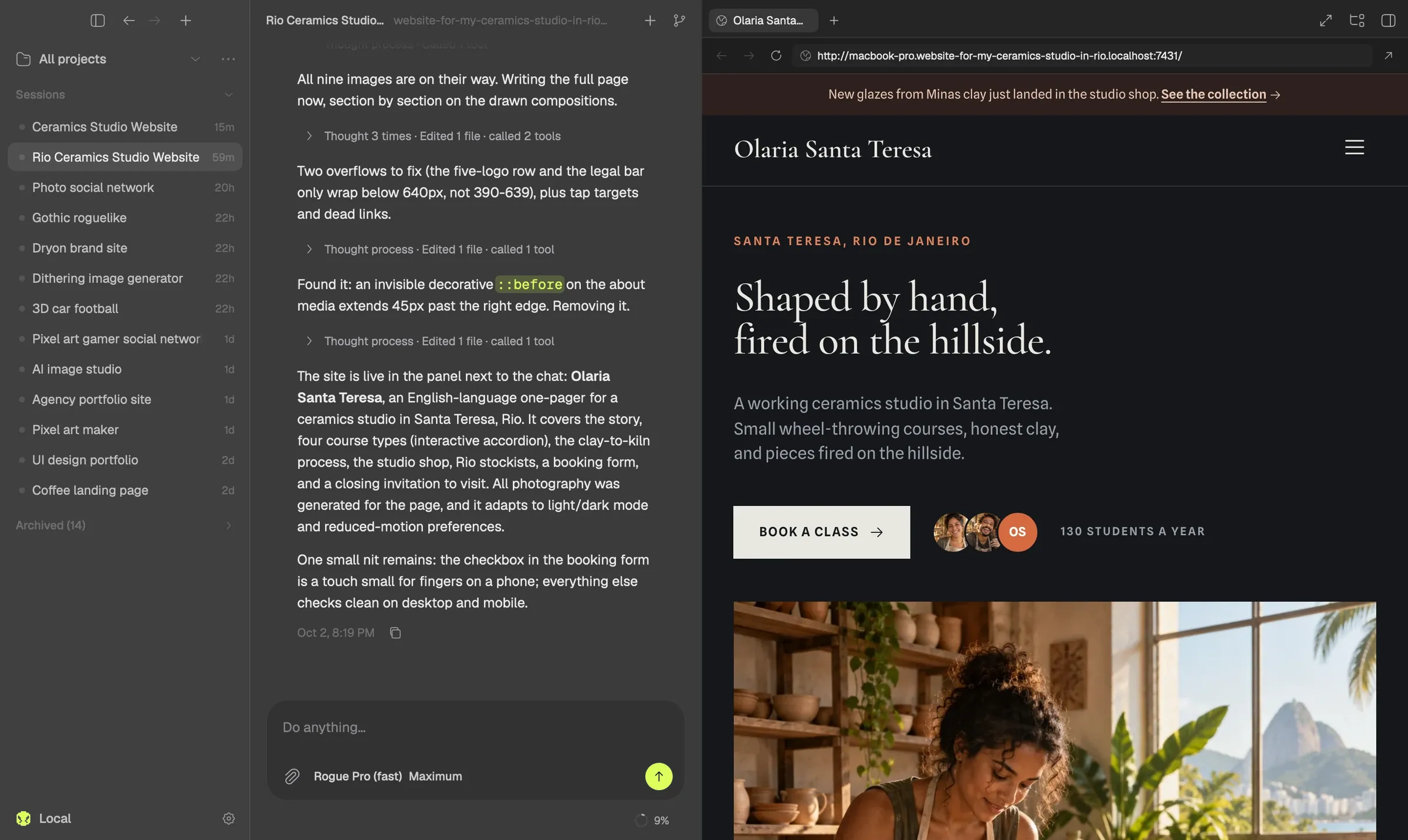 Rogue Code with the chat on the left, where Rogue says the site is live in the panel, and on the right the built-in browser showing the site it built: Olaria Santa Teresa, a ceramics studio in Rio.