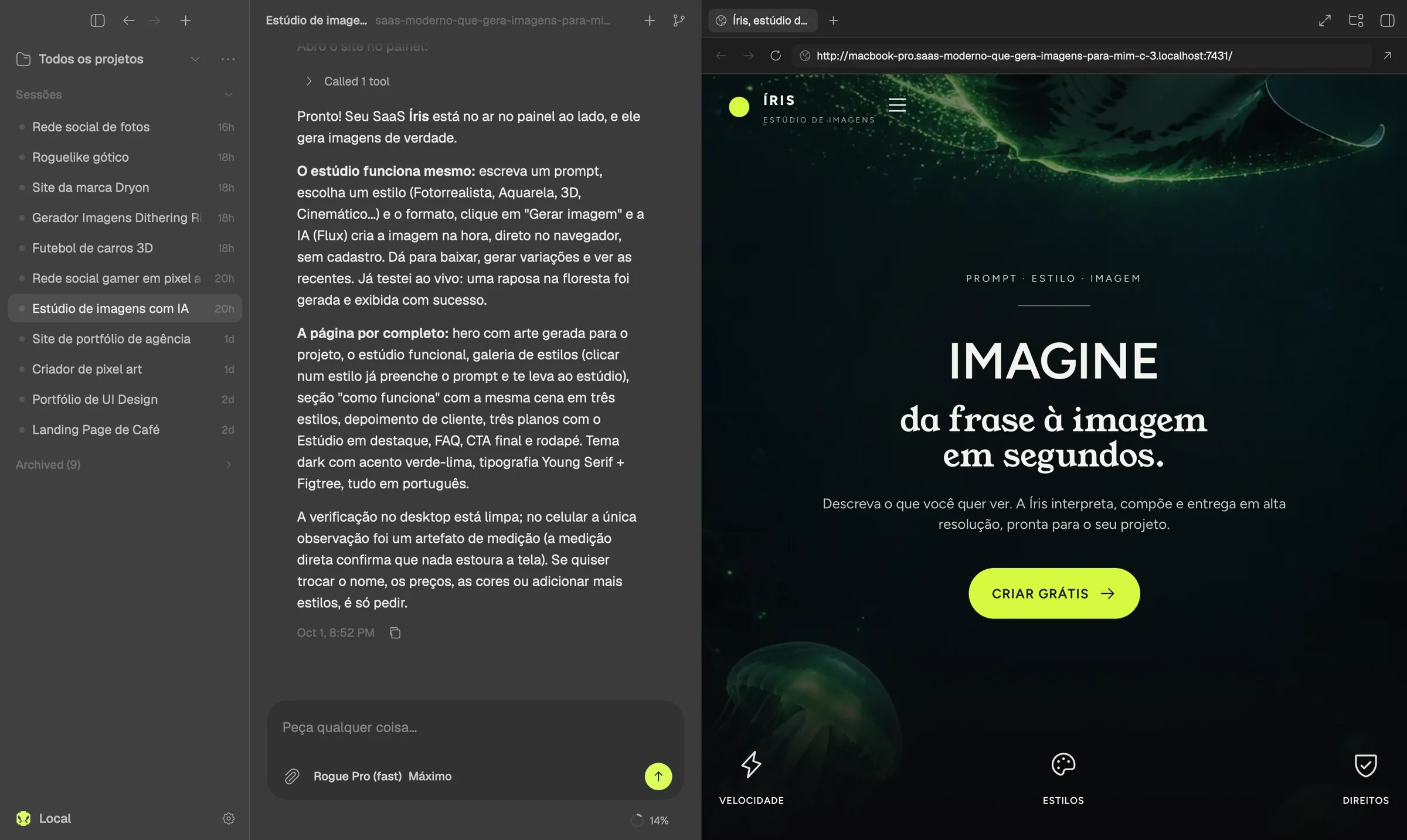 Rogue Code com a conversa à esquerda, onde a Rogue avisa que o site está no ar no painel, e à direita o navegador embutido mostrando o site que ela construiu: Íris, um estúdio de imagens com IA.